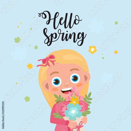 Hello Spring greeting card. Kid with spring flowers bouquet. Little girl rejoices in spring. Cute childish illustration.