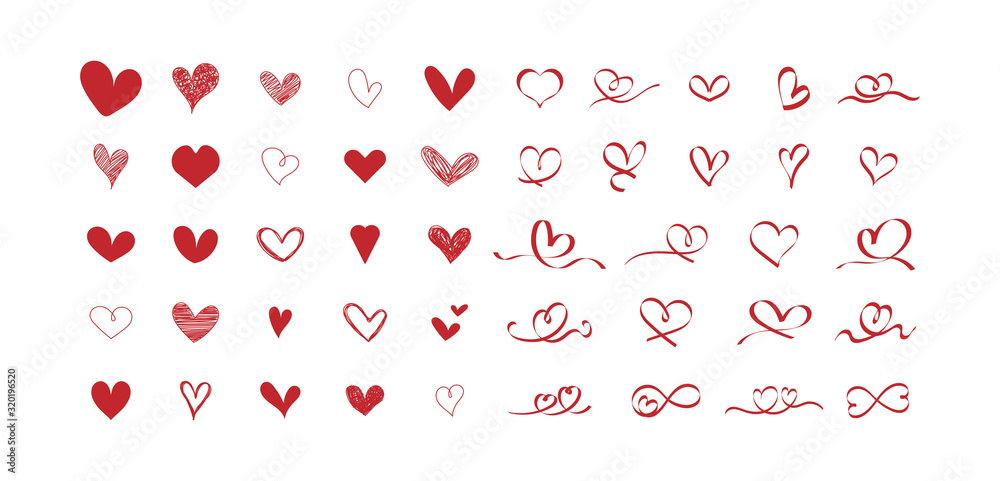 Set of hand-drawn red hearts. Symbol of love. Collection of scribble and ribbon hearts design on white background. Vector illustration. Set of hand-drawn red hearts. Symbol of love. Collection of scribble and ribbon hearts design on white background. Vector illustration.