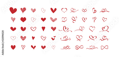  Set of hand-drawn red hearts. Symbol of love. Collection of scribble and ribbon hearts design on white background. Vector illustration. photo