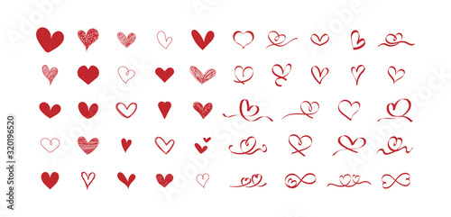  Set of hand-drawn red hearts. Symbol of love. Collection of scribble and ribbon hearts design on white background. Vector illustration.