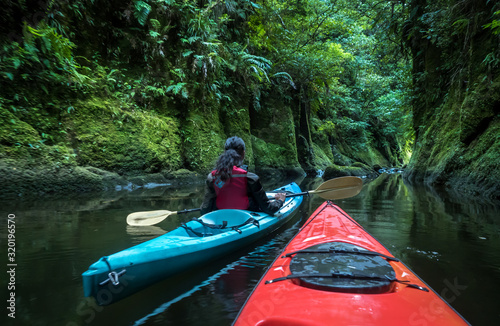 kayaking up mclarens falls wairoa river to find low worms at dusk in Tauranga