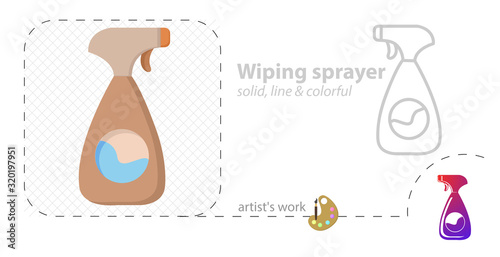 wiping sprayer tool vector flat illustration, solid, line icon