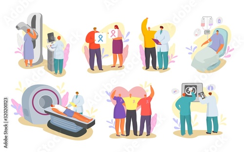 Cancer and people doctors, patients vector illustration set isolated. Medical examination, oncological cancer treatment and cure man, woman collection. Breast mammography, chest x ray, mri