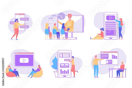 Online education concept, studying people vector illustration collection set isolated on white. Men, women, boys and girls learning in internet online with smartphones and laptops.