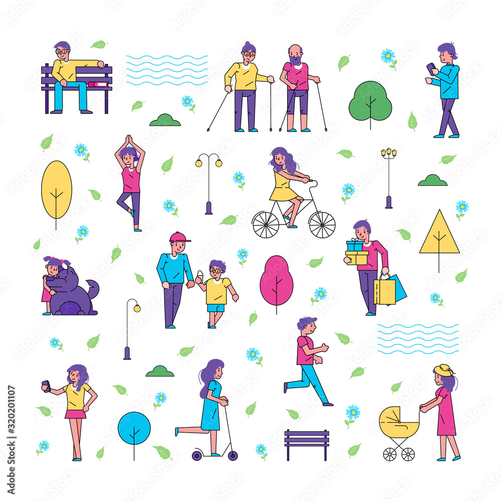 People in park vector illustration isolated set pattern. Men, women, children activities, leisure and rest outdoors in park. Walk, yoga, scooter and bicycle riding, selfie. Bench, water in pond, dog. People in park vector illustration isolated set pattern. Men, women, children activities, leisure and rest outdoors in park. Walk, yoga, scooter and bicycle riding, selfie. Bench, water in pond, dog.