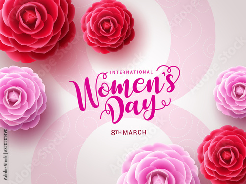 Women's day vector design. March 8 international woman's day celebration text with camellia flowers in big pink eight in white feminine background. Vector illustration 