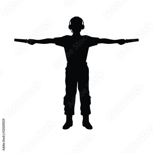 Aviation Marshaller silhouette vector / Supervisor meets passenger airplane at the airport. Ground Crew in the signal vest.