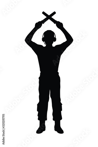Aviation Marshaller silhouette vector / Supervisor meets passenger airplane at the airport. Ground Crew in the signal vest.