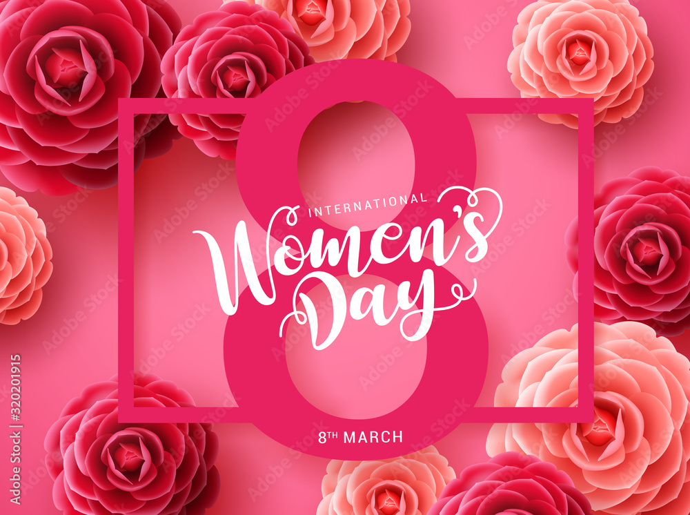 Women's day vector concept design. March 8 greeting text with pink frame and camellia flowers background for international women's day. Vector illustration - obrazy, fototapety, plakaty 