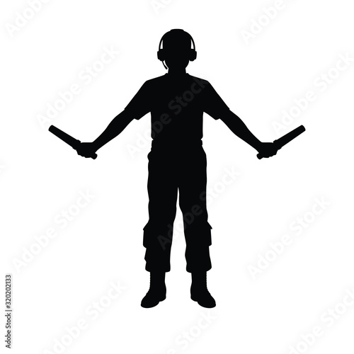 Aviation Marshaller silhouette vector / Supervisor meets passenger airplane at the airport. Ground Crew in the signal vest.