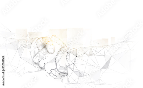 Business people, Partners shaking hands on abstract city form lines, triangles and particle style design
