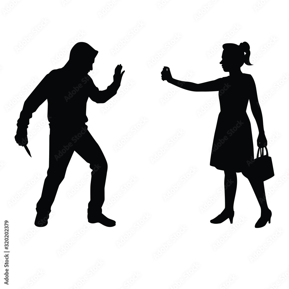 Woman character protected herself from robbers silhouette vector. Vector flat cartoon illustration Woman character protected herself from robbers silhouette vector. Vector flat cartoon illustration