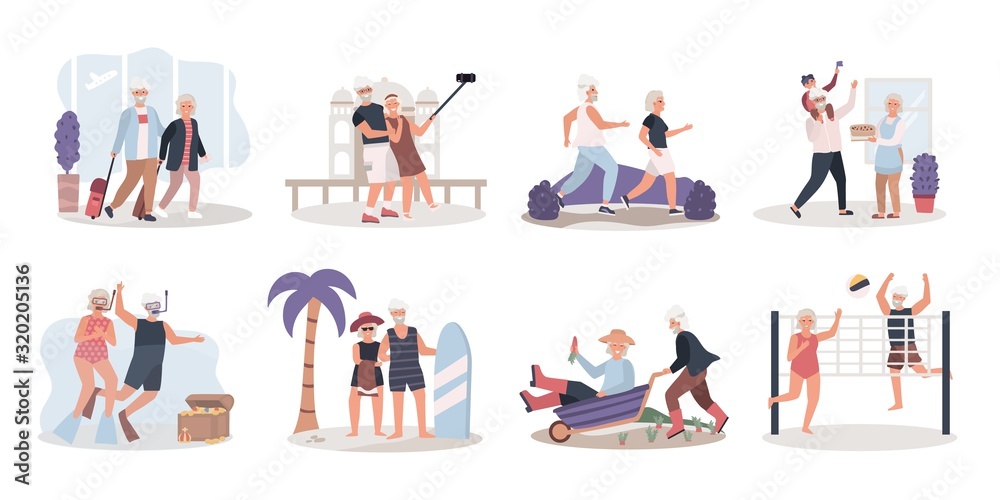 Active elderly couple enjoying life, vector illustration. Set of isolated stickers in flat style. Senior couple travel, old people healthy lifestyle, grandmother and grandfather cartoon characters Active elderly couple enjoying life, vector illustration. Set of isolated stickers in flat style. Senior couple travel, old people healthy lifestyle, grandmother and grandfather cartoon characters
