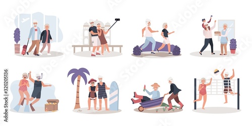 Active elderly couple enjoying life, vector illustration. Set of isolated stickers in flat style. Senior couple travel, old people healthy lifestyle, grandmother and grandfather cartoon characters