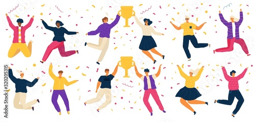 Jumping people, happy carton characters, award winner vector illustration. Men and women celebrating victory in competition, cheerful people jump with trophy award. Contest winner celebration party.