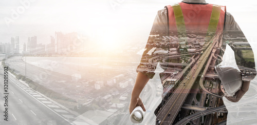 Future building construction engineering project concept with double exposure graphic design. Building engineer, architect people or construction worker working with modern civil equipment technology.