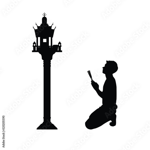 Asian man pay homage to holy things silhouette vector