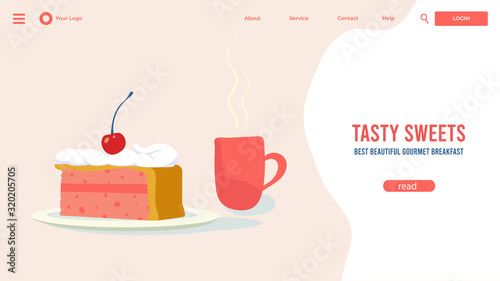 Cafe website design, slice of cake and cup of tea, vector illustration. Sweet dessert menu for breakfast in cozy cafe, bakery or restaurant. Freshly baked pastry, tasty cake and coffee menu flat style