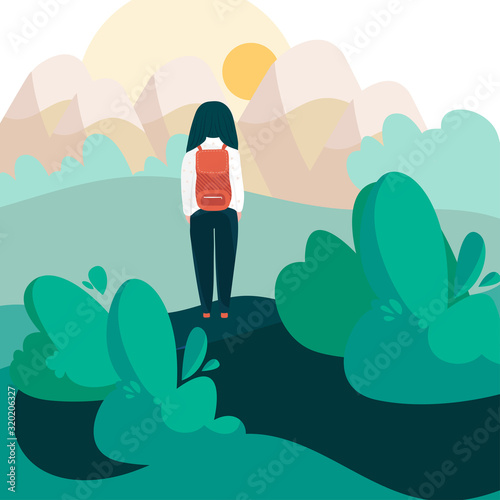 Girl backpack hiking alone in nature, vector illustration. Single woman traveling to mountains lonely outdoor activity. Summer vacation journey, healthy leisure in nature active young girl backpacking