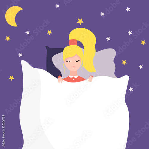 Woman sleeping in bed, night dream, stars and moon, vector illustration. Young woman lying in bed, cartoon character sleep at night. Bed linen, pillow and blanket, healthy comfortable sleep at night