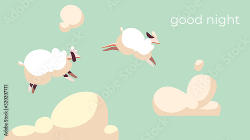 Sheep jump in sky among fluffy clouds, good night vector illustration. Cute animals, count sheep to fall asleep. Farm pets in simple flat style, lambs flying in sky. Trying to sleep, bedtime relax