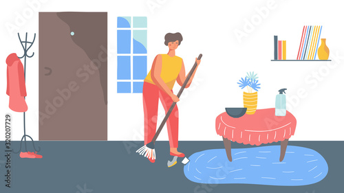 Woman sweeping floor at home, cleaning household routine, vector illustration. Housewife cartoon character, domestic chores. Housekeeping concept, sweeping floor and cleaning apartment with broom