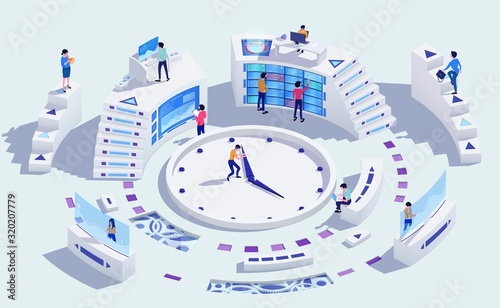 Time management business concept, vector illustration. Team of businessmen, cartoon characters working around big clock. Effective time planning schedule and management strategy. Modern development