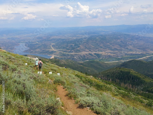 Hikers enjoy a view of Jordanelle reservoir at Deer Valley Resort near Park City, Utah. photo