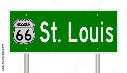 Rendering of a green 3d highway sign for St. Louis Missouri on Route 66