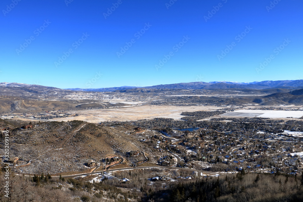 View of Park City mountain valleys in early winter, Utah