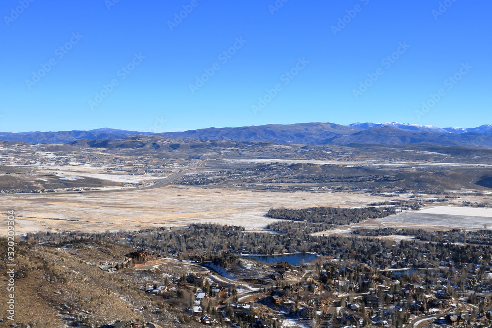 View of Park City mountain valleys in early winter, Utah