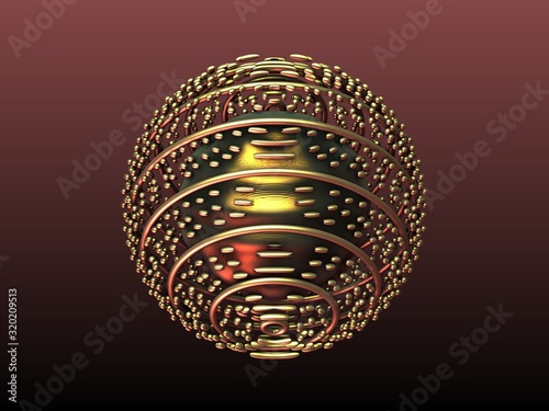 3D render of abstract metal planet with magic multicolored core and rose gold rings around on gradient background with marsala and black colors.