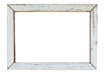 vintage wood picture frame in white paint, weathered. object isolated with clipping path on white background.