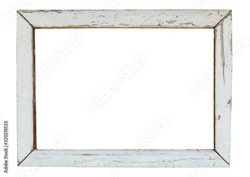 vintage wood picture frame in white paint, weathered. object isolated with clipping path on white background.