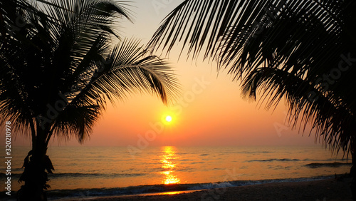 Silhouette coconut trees beside beach with sunrise sky.
