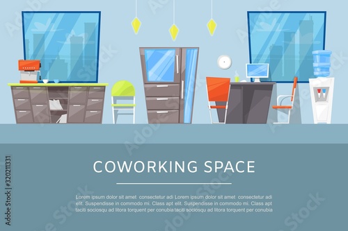 Coworking space for business, freelance and outsource working service vector illustration. Flat design of web banner template with co-working space interior. Modern furniture for coworkers.