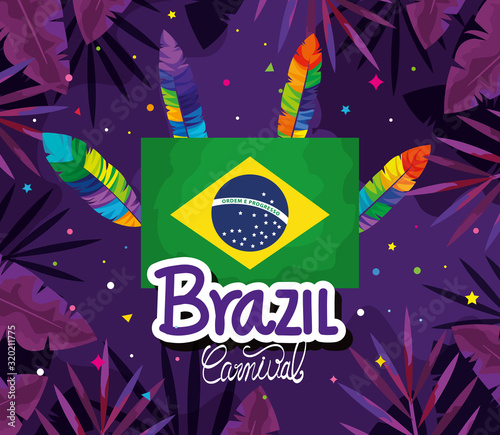 poster of brazil carnival with flag and feathers