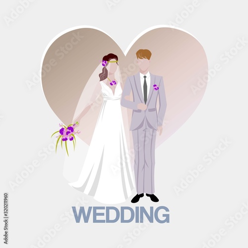 Wedding background with bride and bridegroom and heart cartoon vector illustration. Beautiful bride and groom. Marriage and wedding services, fashion, style, beauty advertising poster.