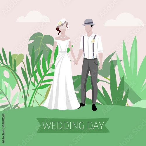 Wedding summer day background with bride and bridegroom outdoor on greenery plants background vector illustration. Beautiful bride and groom. Marriage and wedding day nature invitation.