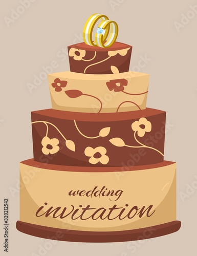 Wedding cake decorated with cream, rings, flowers and invitation words, cartoon vector illustration. Invitation card for wedding day with cake on brown background.