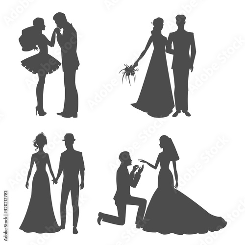 Wedding silhouette black picture of bride and bridegroom holding hands vector illustration. Silhoette of newly married couple isolated on white. Decor for wallpaper, valentine s day.