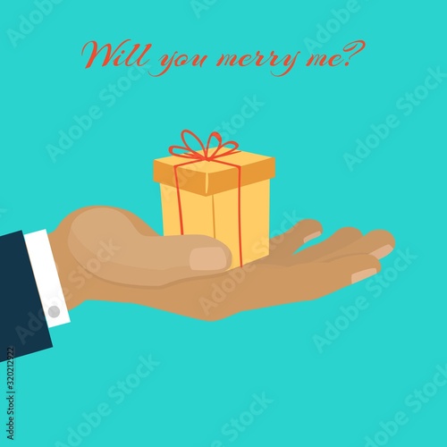 Will you marry me hand giving gift box vector cartoon illustration. Gifting times like proposal christmas xmas , birthday or anniversaries for presents and gifts. Marriage proposal.