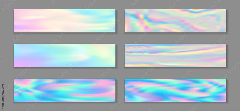 Holographic cute flyer horizontal fluid gradient mermaid backgrounds vector collection. Opalescence 