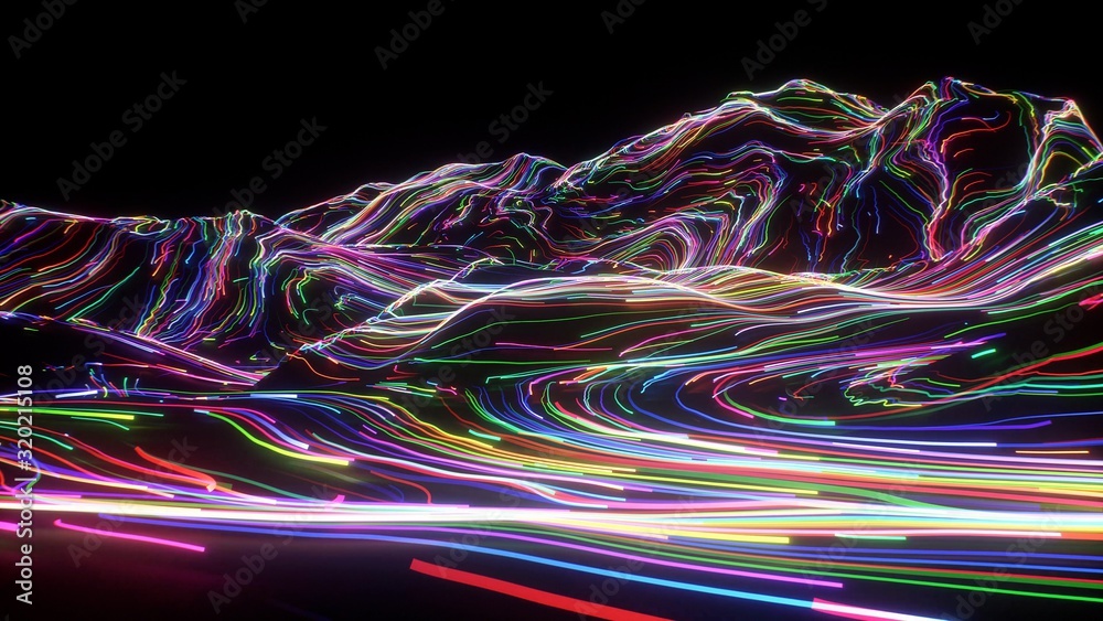 Mountain Trip Chroma Neon Lines Still 4 / Hypnothic glowing trailing abstract lines travelling in space