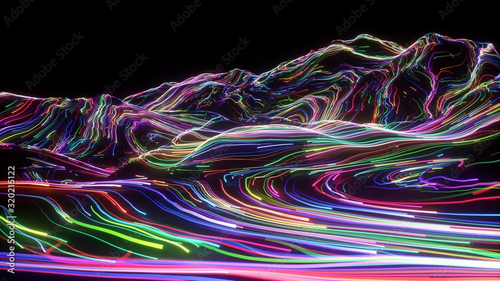 Mountain Trip Chroma Neon Lines Still 2 / Hypnothic glowing trailing abstract lines travelling in space 
