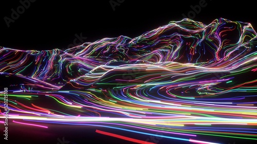 Mountain Trip Chroma Neon Lines Still 4 / Hypnothic glowing trailing abstract lines travelling in space