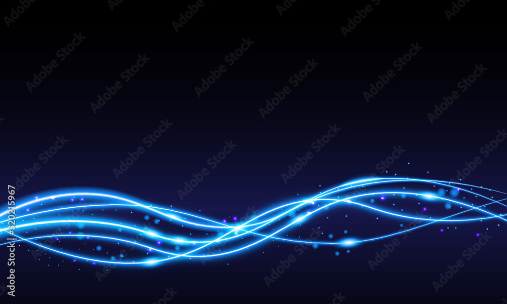 Blue swoosh neon wave over dark background. Shimmering waves with light effect and star dust trail. Blue swoosh design for web and print.