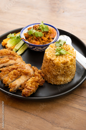 Fried rice with chili paste and Thai fried pork