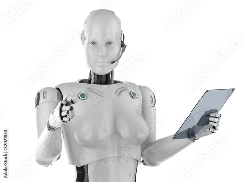 Female cyborg with glass tablet