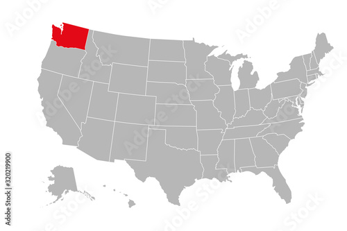 Washington province highlighted on USA political map. Gray background.